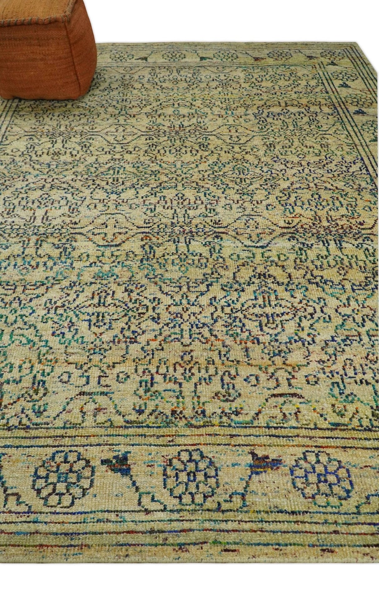 8x10 Hand Knotted Beige and Blue Persian made of Recycled Silk Area Rug