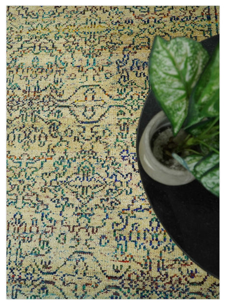 8x10 Hand Knotted Beige and Blue Persian made of Recycled Silk Area Rug
