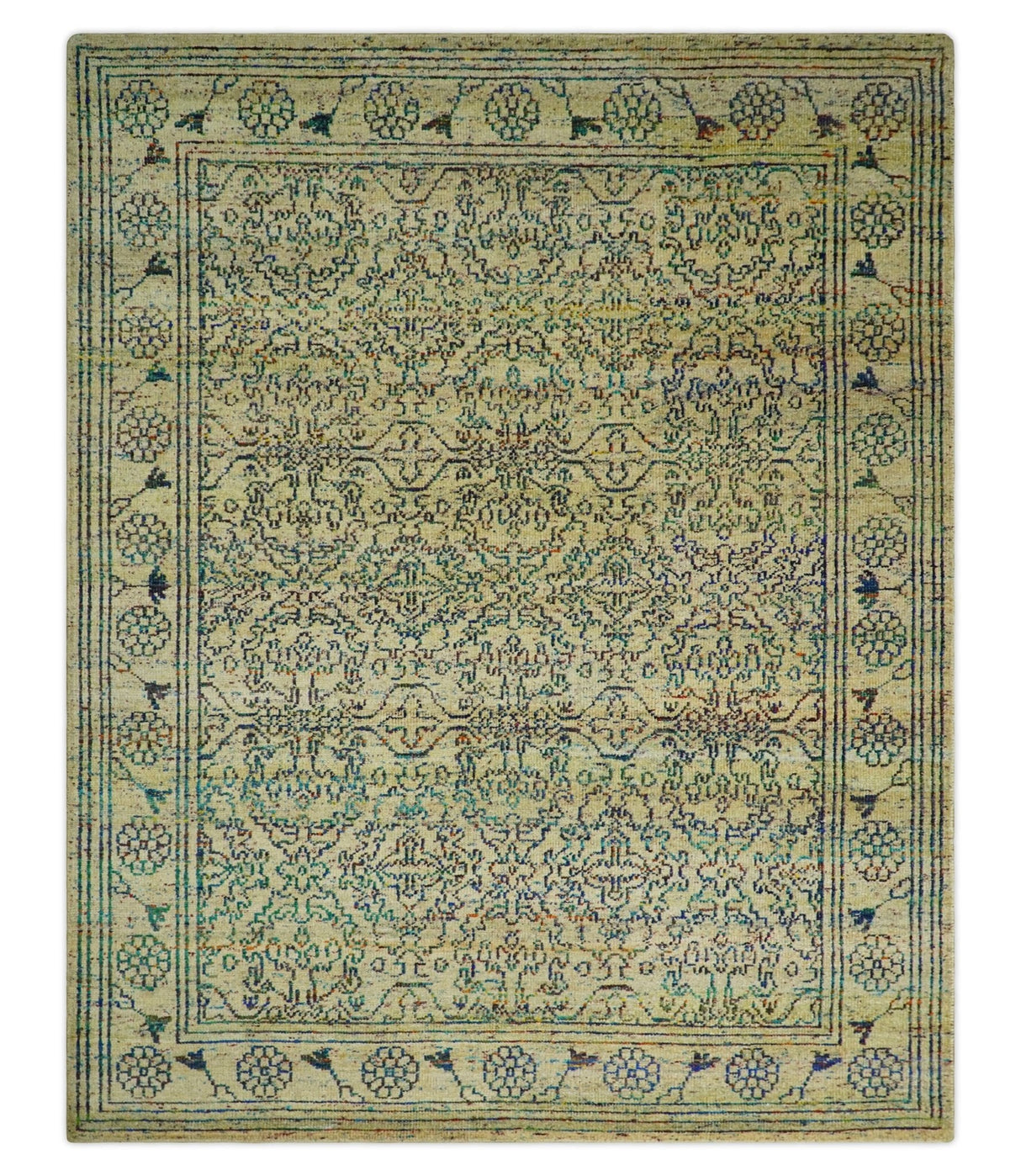 8x10 Hand Knotted Beige and Blue Persian made of Recycled Silk Area Rug