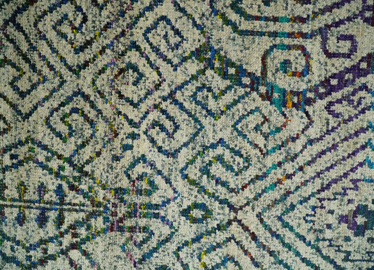 8x10 Hand Knotted Beige and Blue Persian Recycled Silk Area Rug