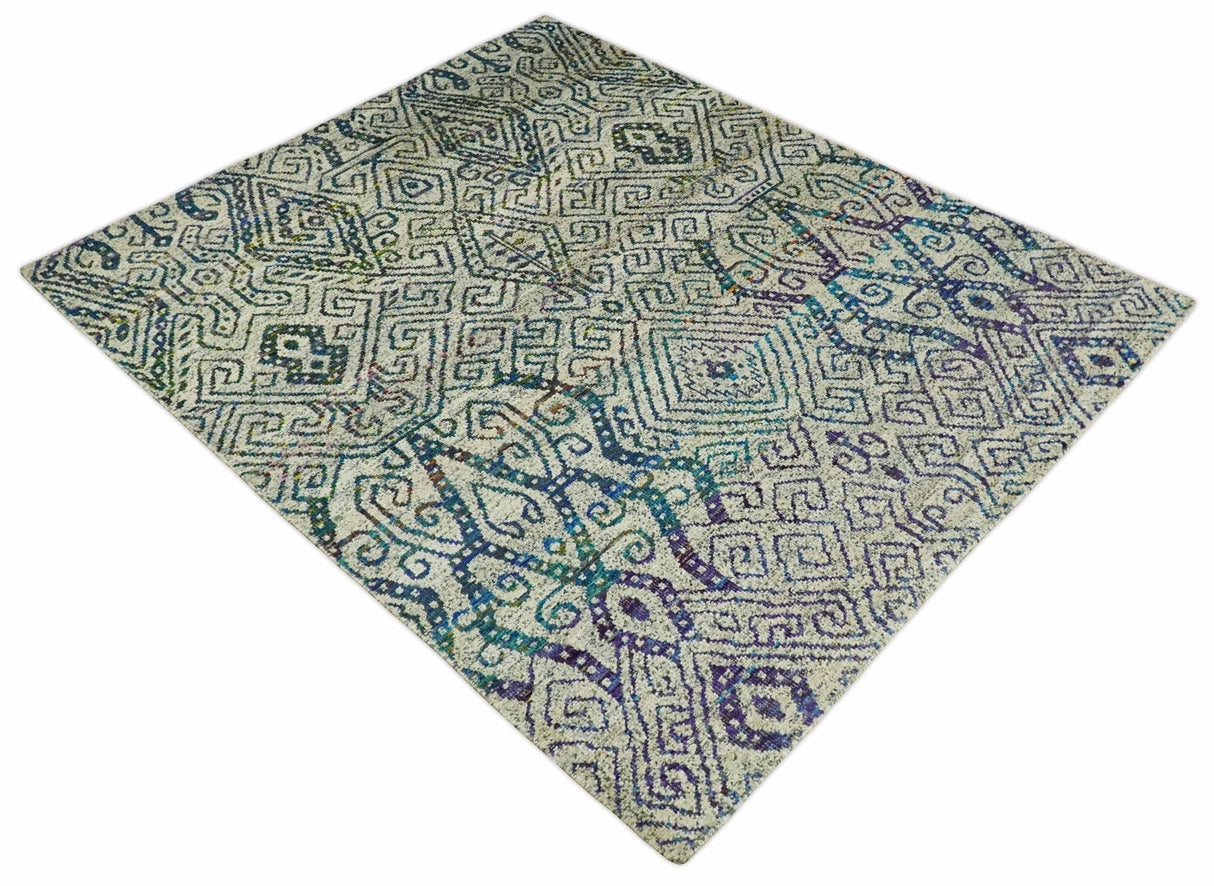 8x10 Hand Knotted Beige and Blue Persian Recycled Silk Area Rug