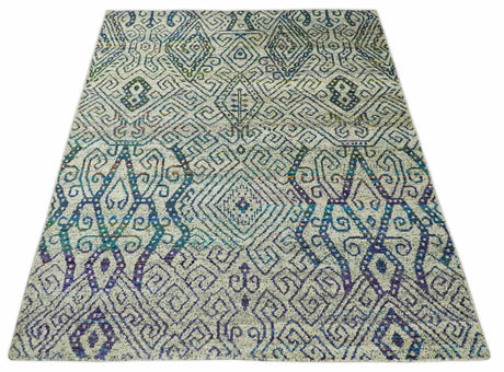 8x10 Hand Knotted Beige and Blue Persian Recycled Silk Area Rug