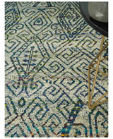 8x10 Hand Knotted Beige and Blue Persian Recycled Silk Area Rug