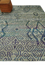 8x10 Hand Knotted Beige and Blue Persian Recycled Silk Area Rug