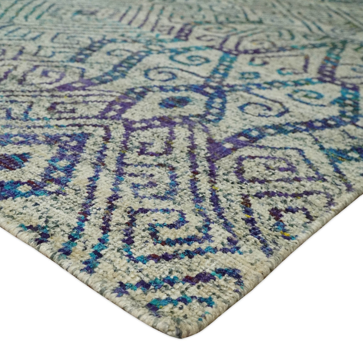 8x10 Hand Knotted Beige and Blue Persian Recycled Silk Area Rug