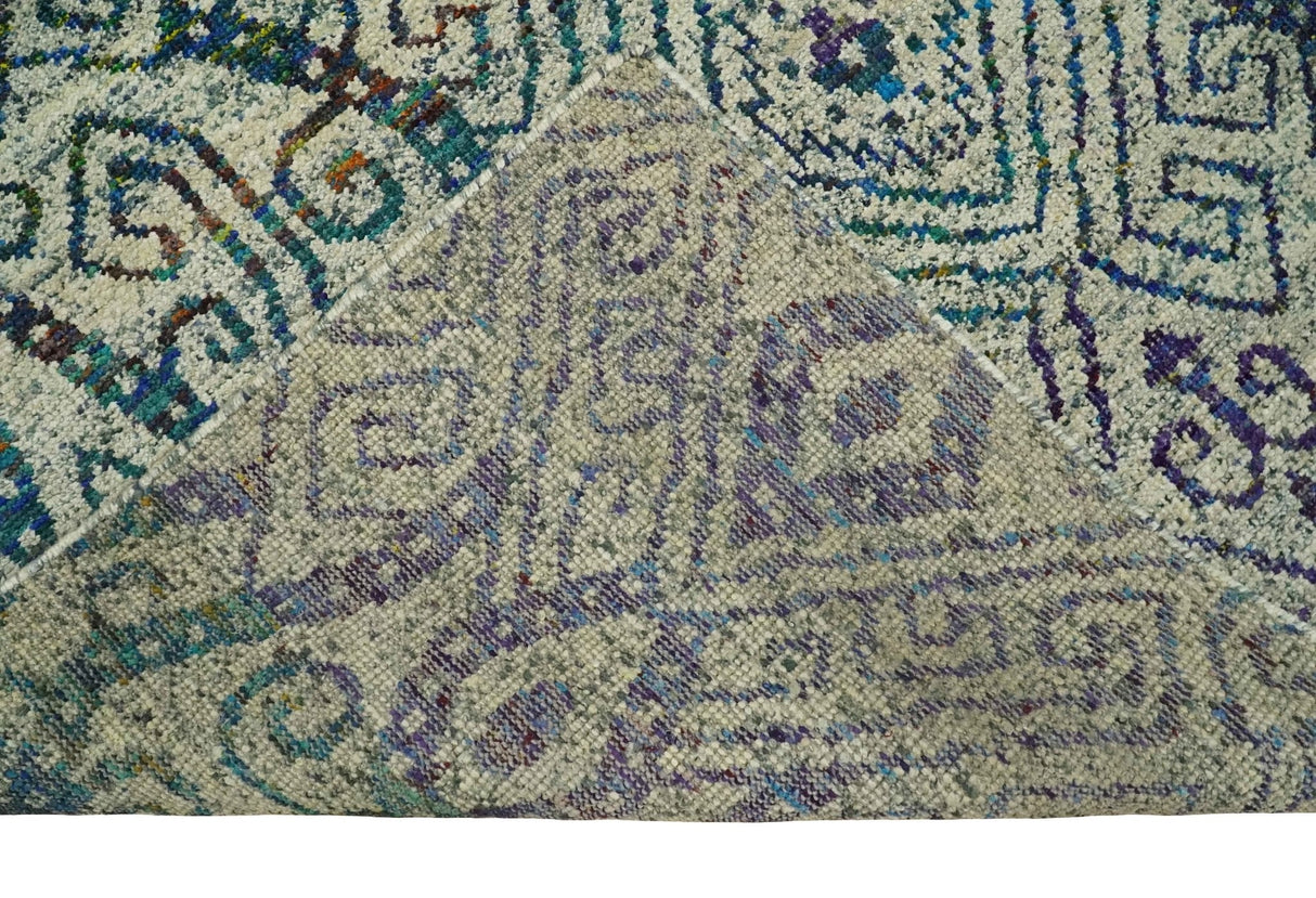 8x10 Hand Knotted Beige and Blue Persian Recycled Silk Area Rug