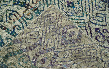 8x10 Hand Knotted Beige and Blue Persian Recycled Silk Area Rug