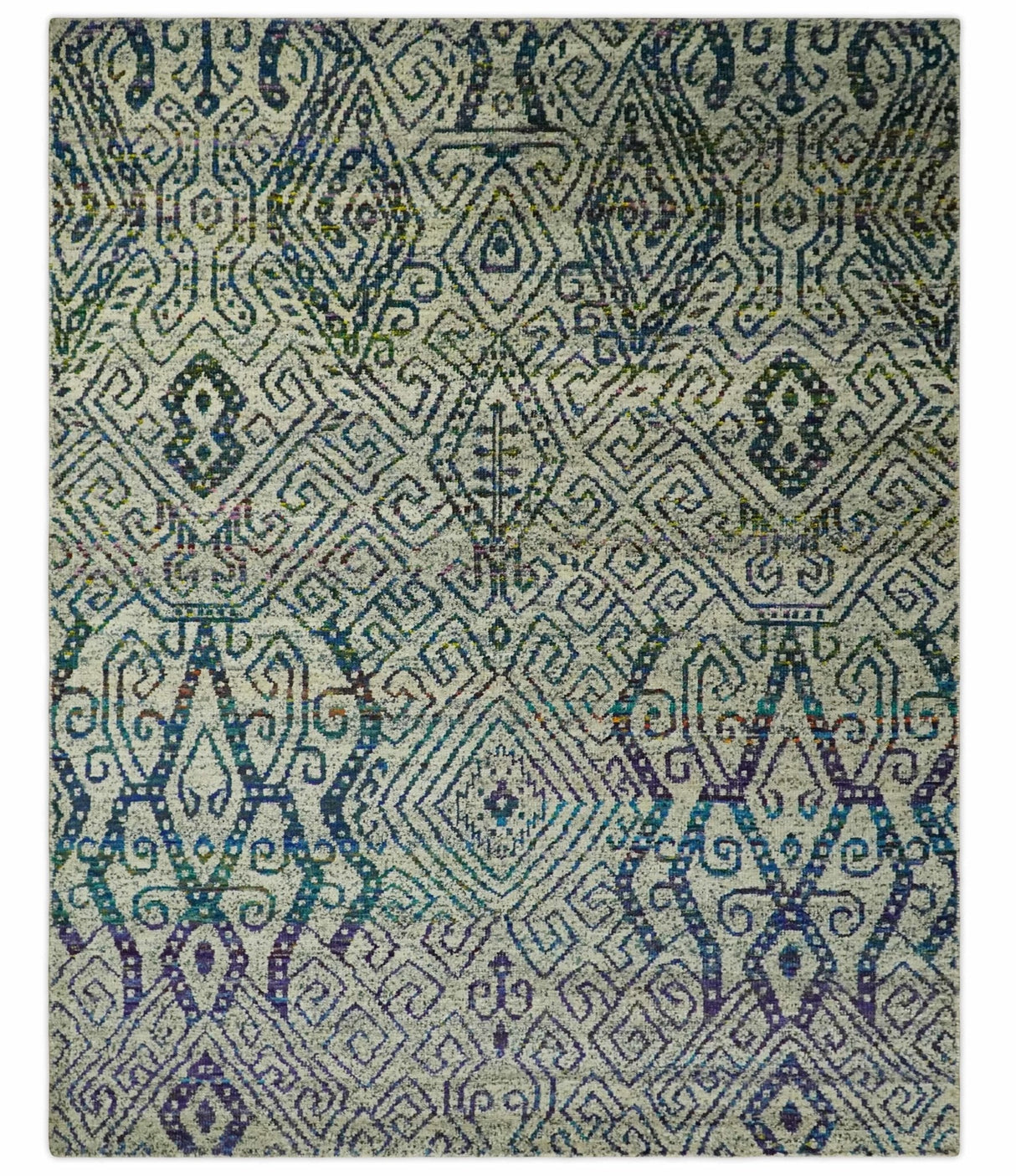 8x10 Hand Knotted Beige and Blue Persian Recycled Silk Area Rug