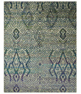 8x10 Hand Knotted Beige and Blue Persian Recycled Silk Area Rug
