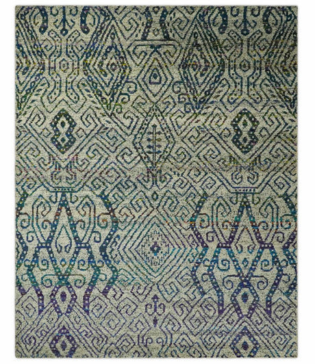 8x10 Hand Knotted Beige and Blue Persian Recycled Silk Area Rug