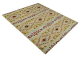 8x10 Hand Knotted Beige, Blue and Rust Persian Recycled Silk Area Rug