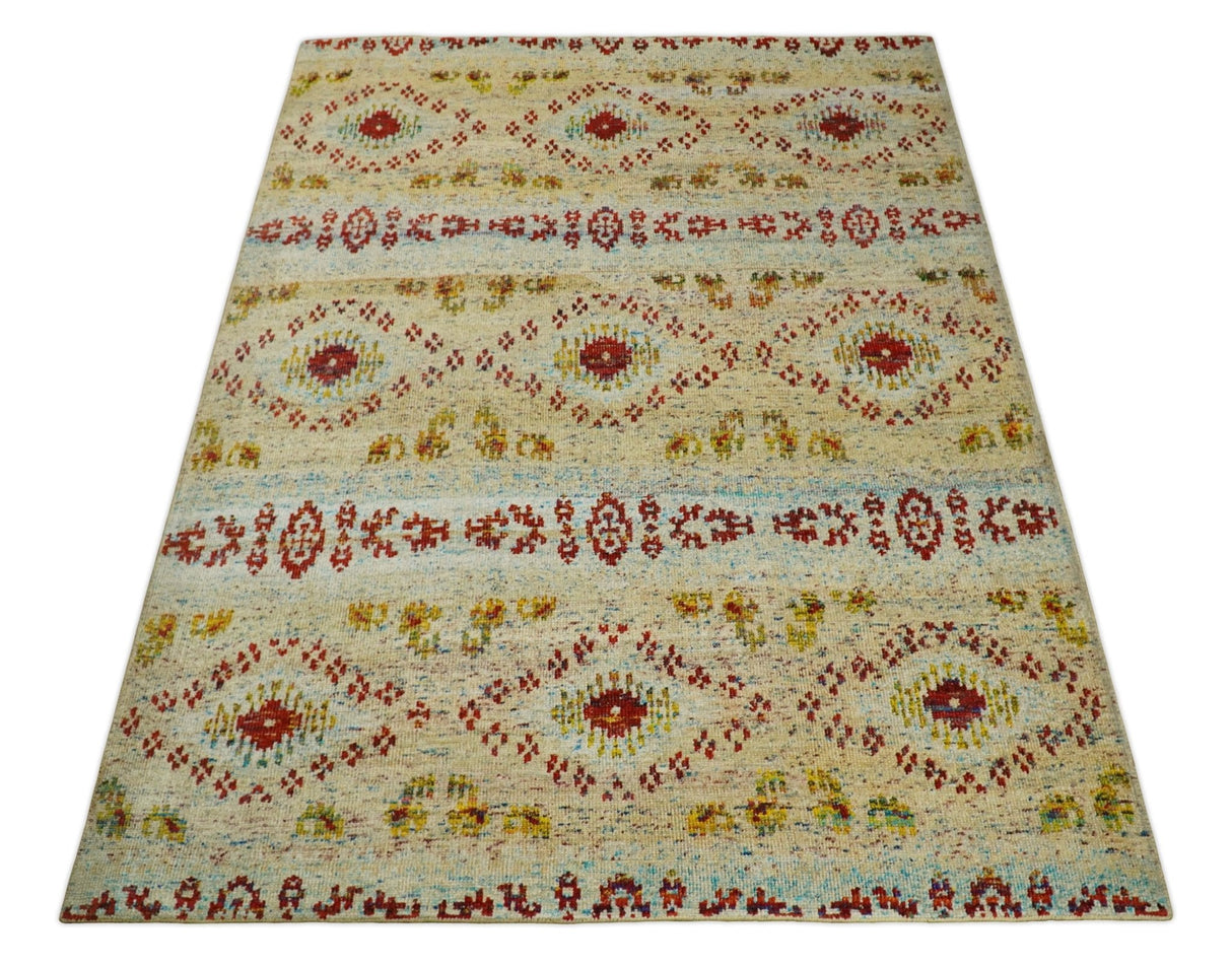 8x10 Hand Knotted Beige, Blue and Rust Persian Recycled Silk Area Rug