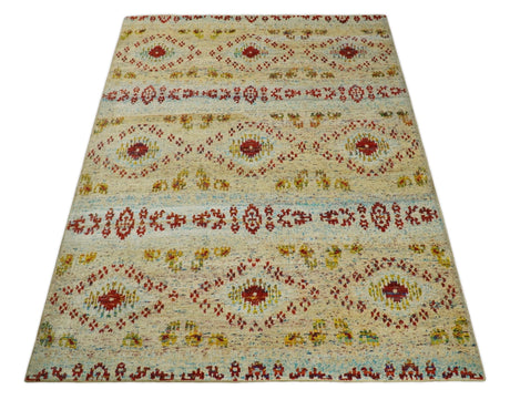 8x10 Hand Knotted Beige, Blue and Rust Persian Recycled Silk Area Rug
