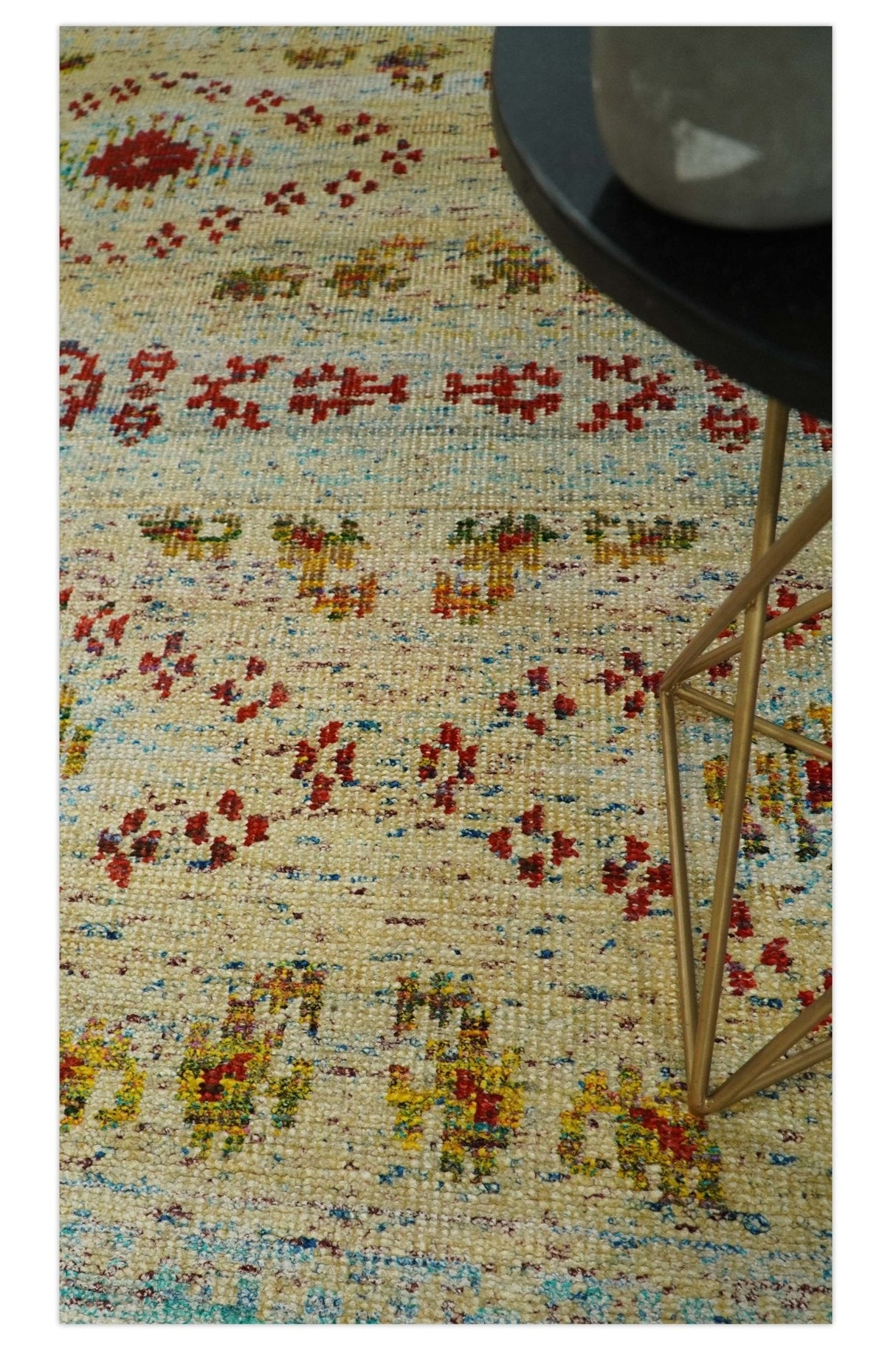 8x10 Hand Knotted Beige, Blue and Rust Persian Recycled Silk Area Rug