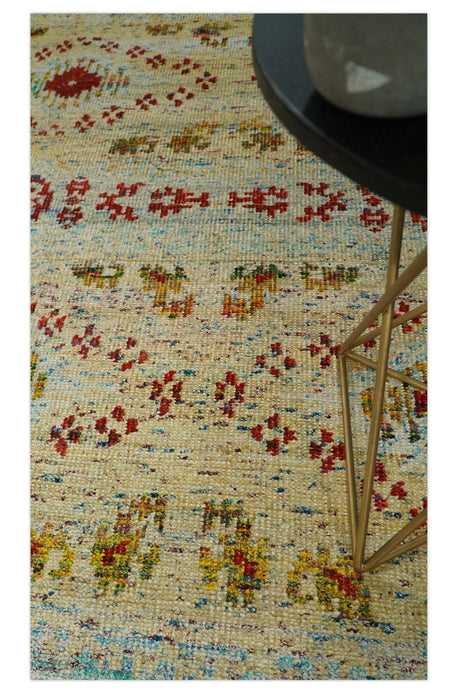 8x10 Hand Knotted Beige, Blue and Rust Persian Recycled Silk Area Rug