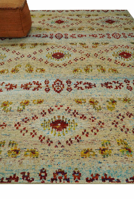 8x10 Hand Knotted Beige, Blue and Rust Persian Recycled Silk Area Rug