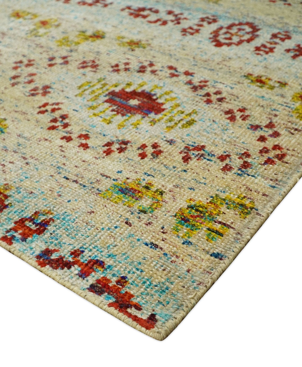 8x10 Hand Knotted Beige, Blue and Rust Persian Recycled Silk Area Rug