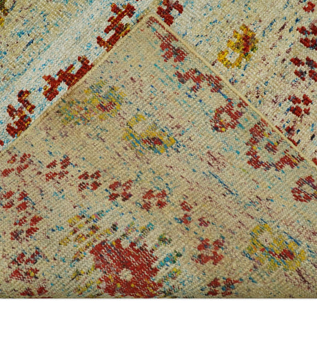 8x10 Hand Knotted Beige, Blue and Rust Persian Recycled Silk Area Rug