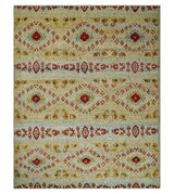 8x10 Hand Knotted Beige, Blue and Rust Persian Recycled Silk Area Rug