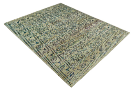 8x10 Hand Knotted Beige, Ivory and Blue Persian Recycled Silk Area Rug