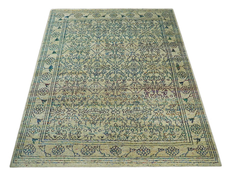 8x10 Hand Knotted Beige, Ivory and Blue Persian Recycled Silk Area Rug
