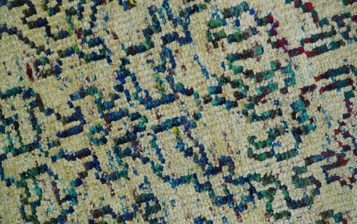 8x10 Hand Knotted Beige, Ivory and Blue Persian Recycled Silk Area Rug