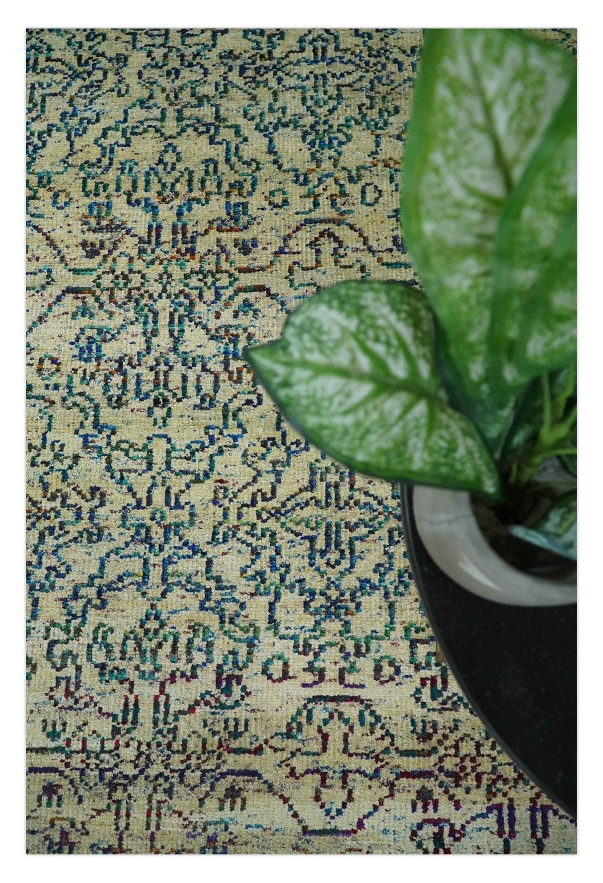 8x10 Hand Knotted Beige, Ivory and Blue Persian Recycled Silk Area Rug
