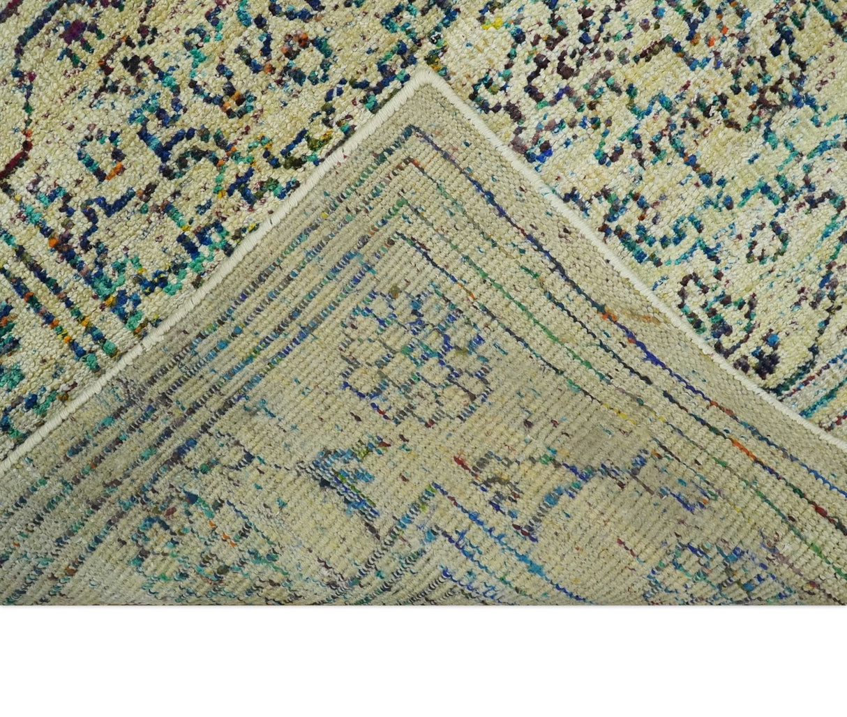 8x10 Hand Knotted Beige, Ivory and Blue Persian Recycled Silk Area Rug
