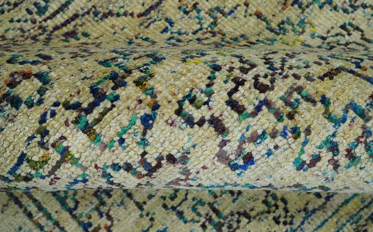 8x10 Hand Knotted Beige, Ivory and Blue Persian Recycled Silk Area Rug