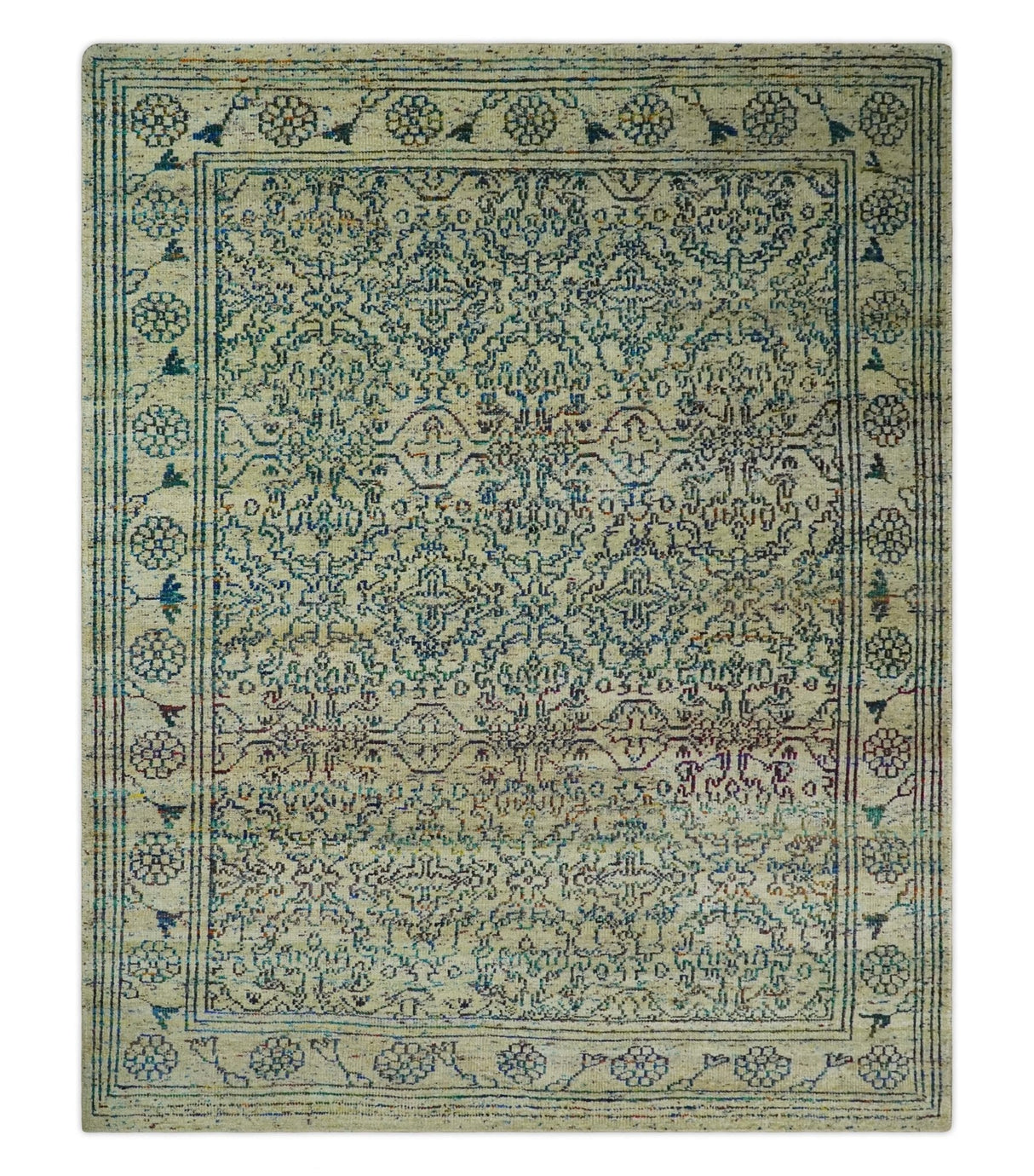 8x10 Hand Knotted Beige, Ivory and Blue Persian Recycled Silk Area Rug