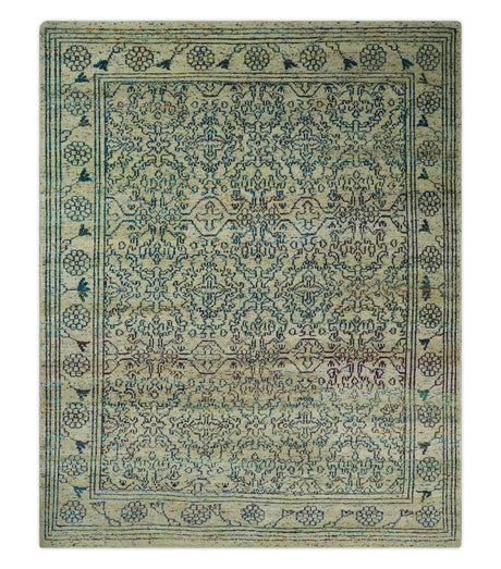 8x10 Hand Knotted Beige, Ivory and Blue Persian Recycled Silk Area Rug