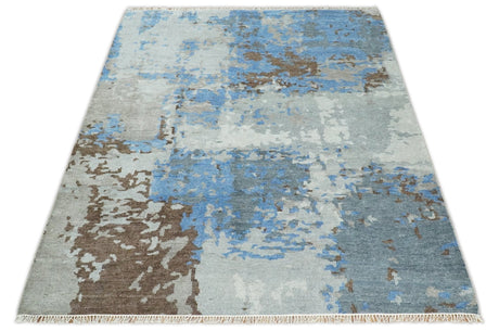 8x10 Hand Knotted Blue and Silver Modern Abstract Low Pile Wool Rug