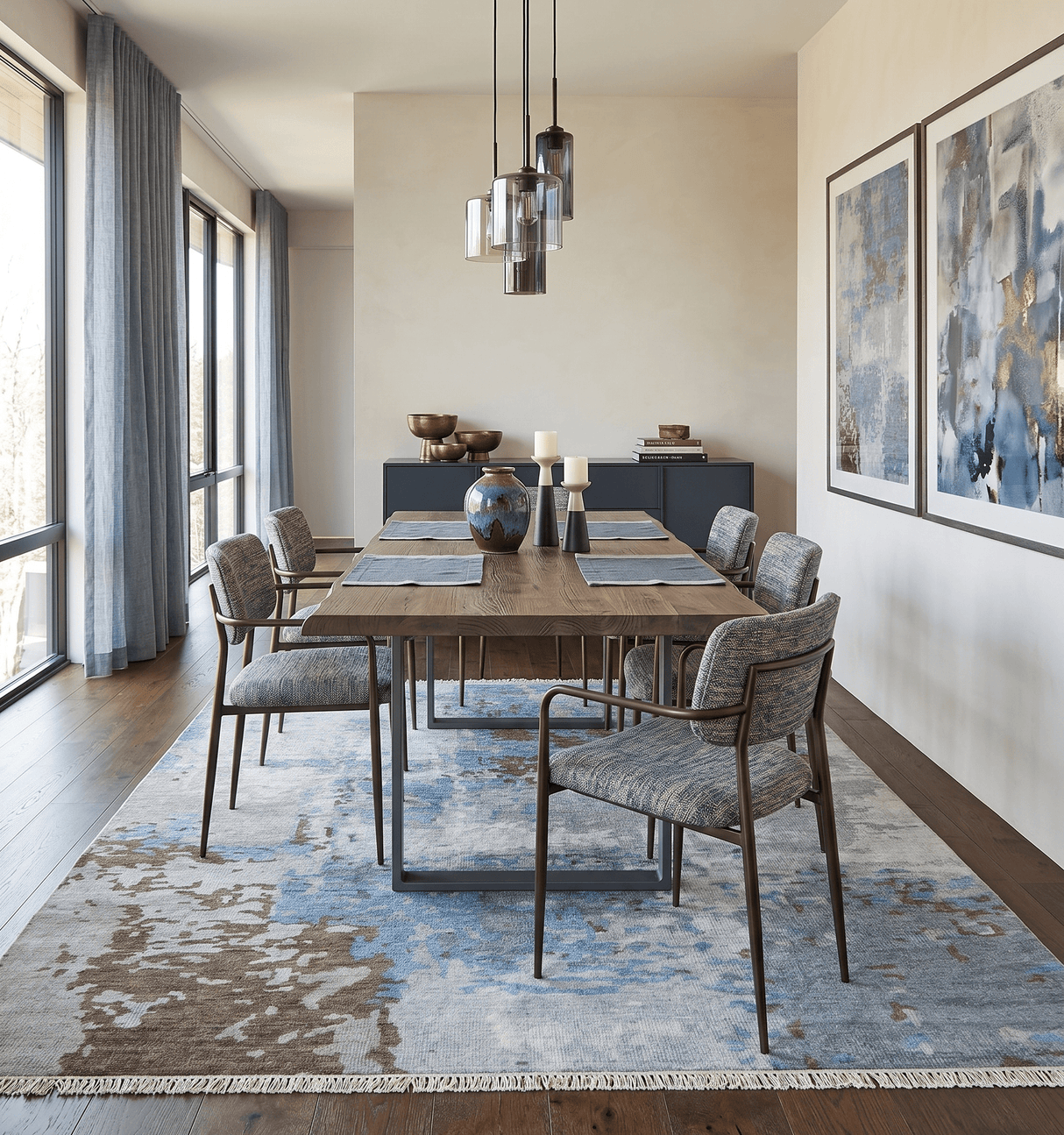 8x10 Hand Knotted Blue and Silver Modern Abstract Low Pile Wool Rug