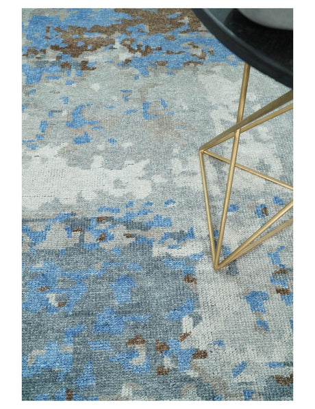 8x10 Hand Knotted Blue and Silver Modern Abstract Low Pile Wool Rug