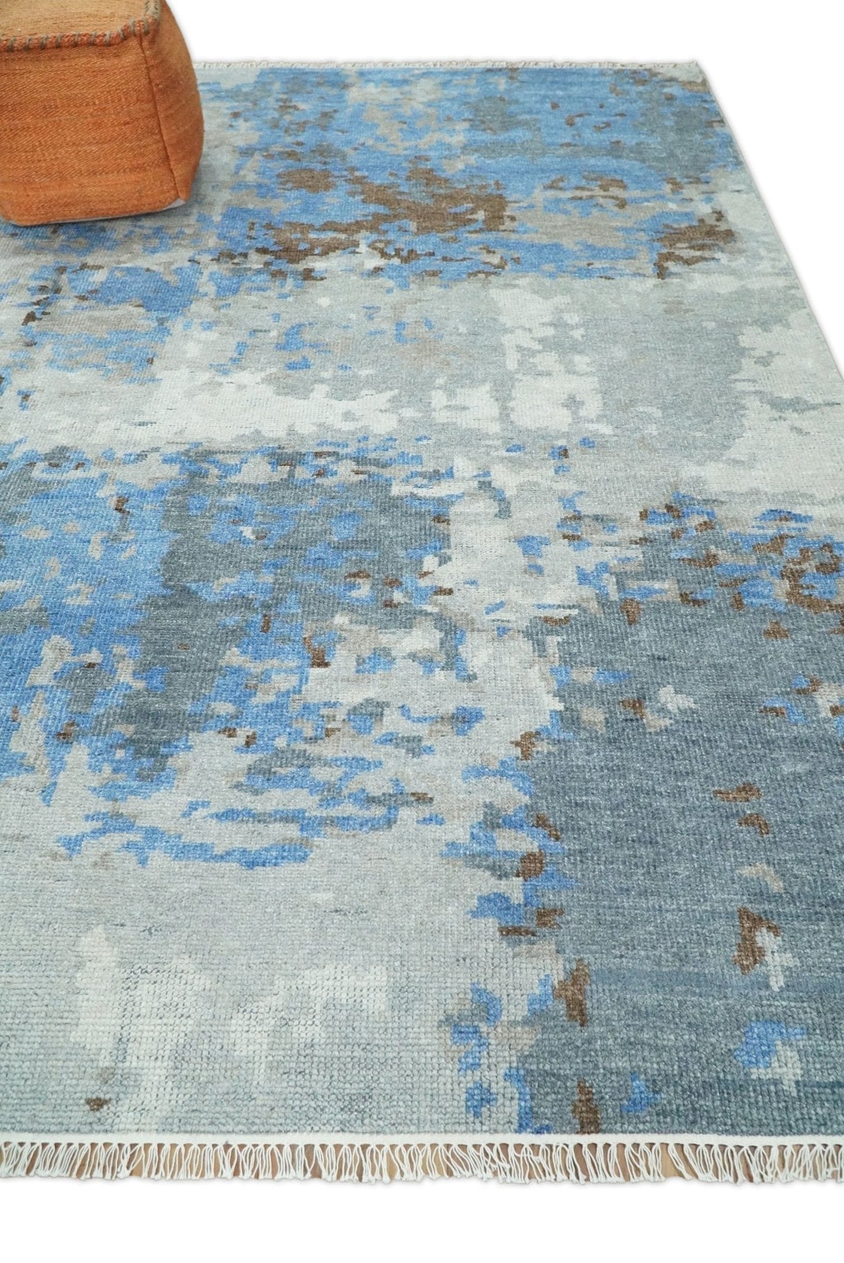 8x10 Hand Knotted Blue and Silver Modern Abstract Low Pile Wool Rug