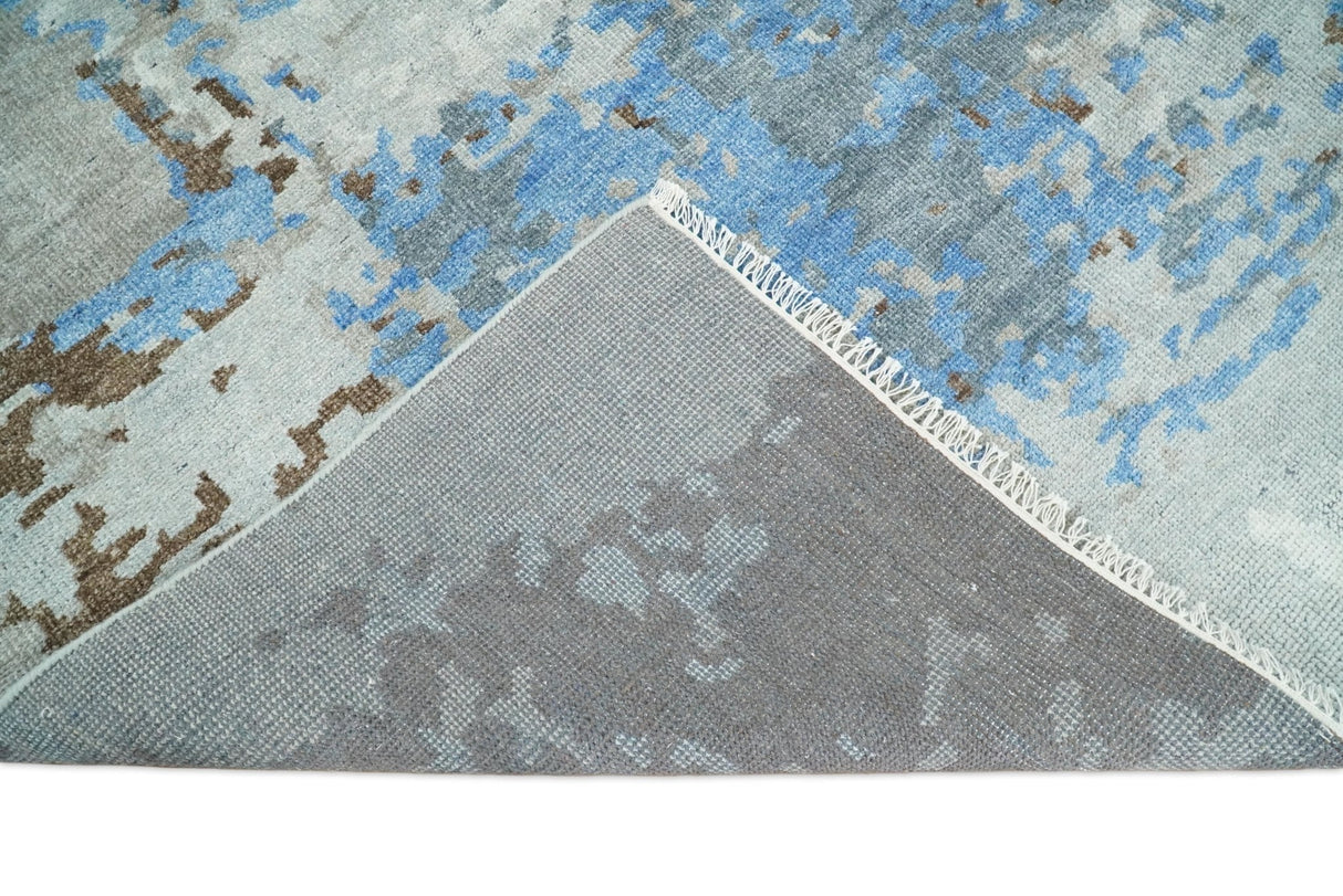 8x10 Hand Knotted Blue and Silver Modern Abstract Low Pile Wool Rug