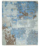8x10 Hand Knotted Blue and Silver Modern Abstract Low Pile Wool Rug