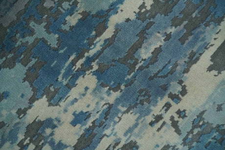 8x10 Hand Knotted Blue, Ivory and Charcoal Abstract Wool Area Rug