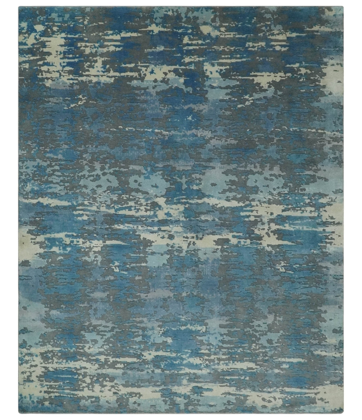 8x10 Hand Knotted Blue, Ivory and Charcoal Abstract Wool Area Rug