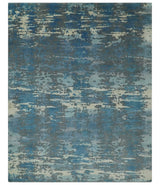 8x10 Hand Knotted Blue, Ivory and Charcoal Abstract Wool Area Rug
