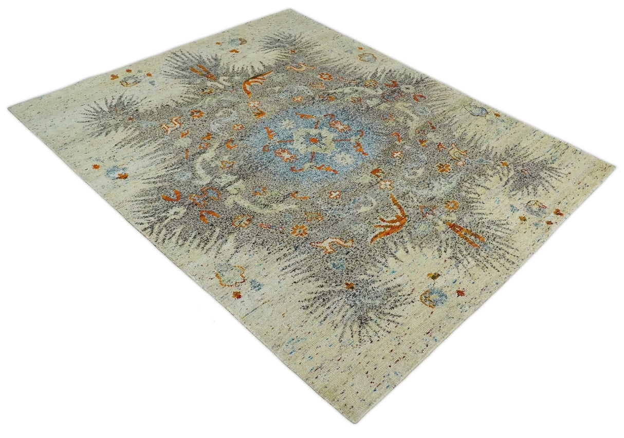 8x10 Hand Knotted Blue, Silver and Beige Persian Recycled Silk Area Rug