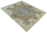 8x10 Hand Knotted Blue, Silver and Beige Persian Recycled Silk Area Rug
