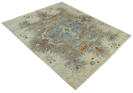 8x10 Hand Knotted Blue, Silver and Beige Persian Recycled Silk Area Rug