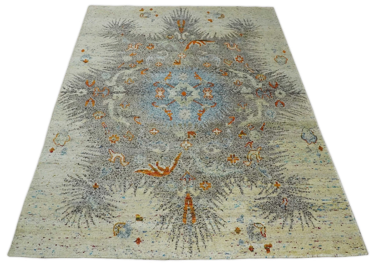8x10 Hand Knotted Blue, Silver and Beige Persian Recycled Silk Area Rug