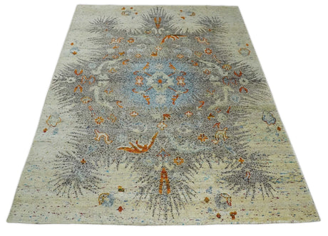 8x10 Hand Knotted Blue, Silver and Beige Persian Recycled Silk Area Rug