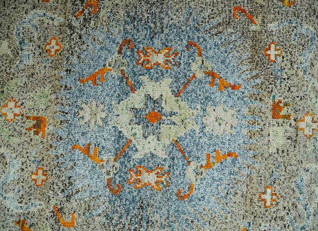 8x10 Hand Knotted Blue, Silver and Beige Persian Recycled Silk Area Rug