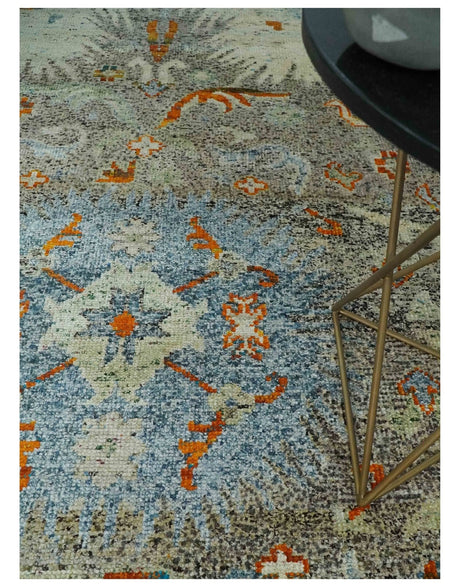 8x10 Hand Knotted Blue, Silver and Beige Persian Recycled Silk Area Rug