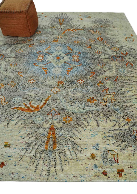 8x10 Hand Knotted Blue, Silver and Beige Persian Recycled Silk Area Rug