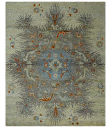 8x10 Hand Knotted Blue, Silver and Beige Persian Recycled Silk Area Rug
