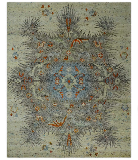 8x10 Hand Knotted Blue, Silver and Beige Persian Recycled Silk Area Rug